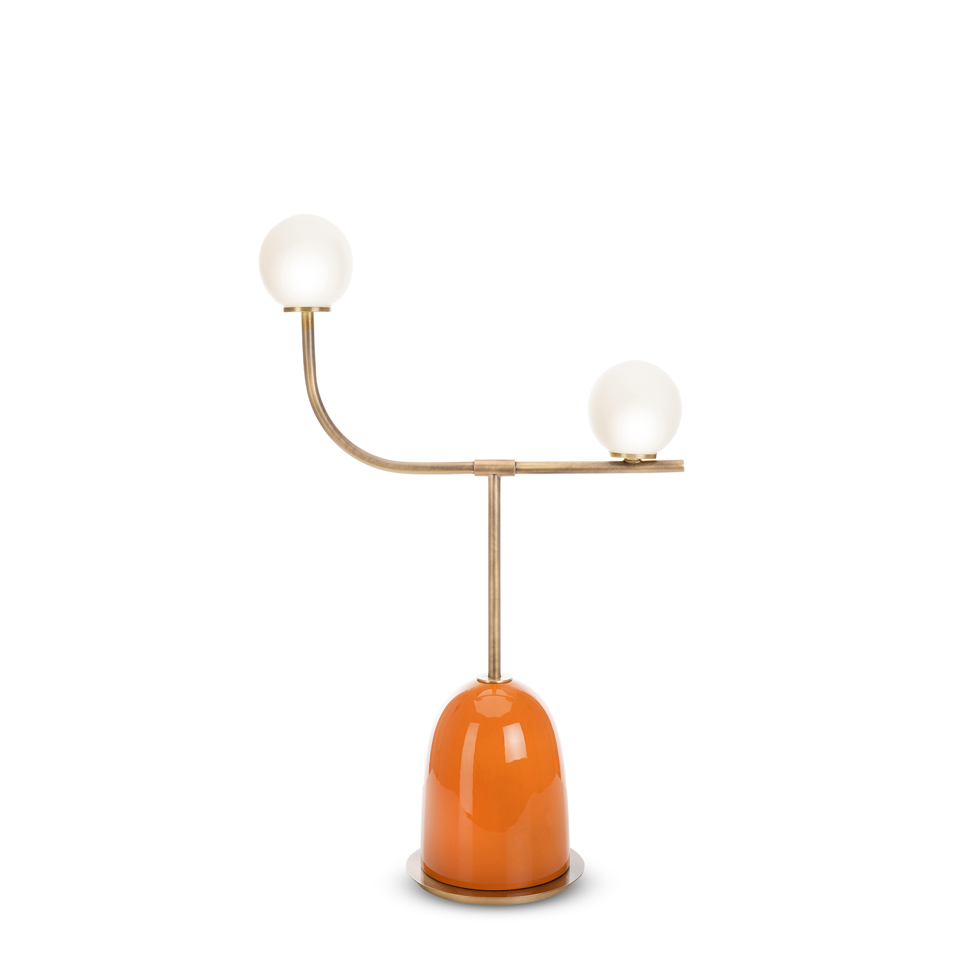 Table lamp with brushed brass structure, base in glazed ceramic. Etched  glass globes. MARIONI Furniture, lighting and accessories made in Italy